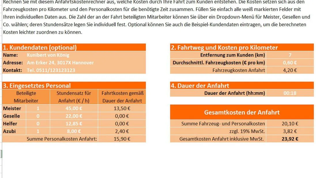 Auszug aus dem handwerk.com-Anfahrtskostenrechner: In vier Schritten zum Ergebnis.